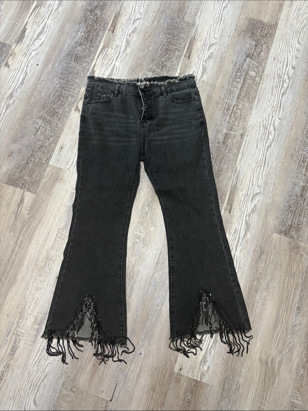 Frayed Hem Black Flare Jeans with Beaded Fringe